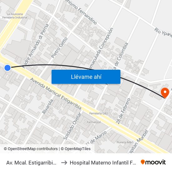 Av. Mcal. Estigarribia X 14 De Mayo to Hospital Materno Infantil Fernando de la Mora map