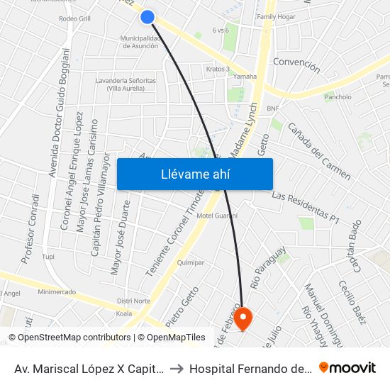 Av. Mariscal López X Capitán Bueno to Hospital Fernando de la Mora map