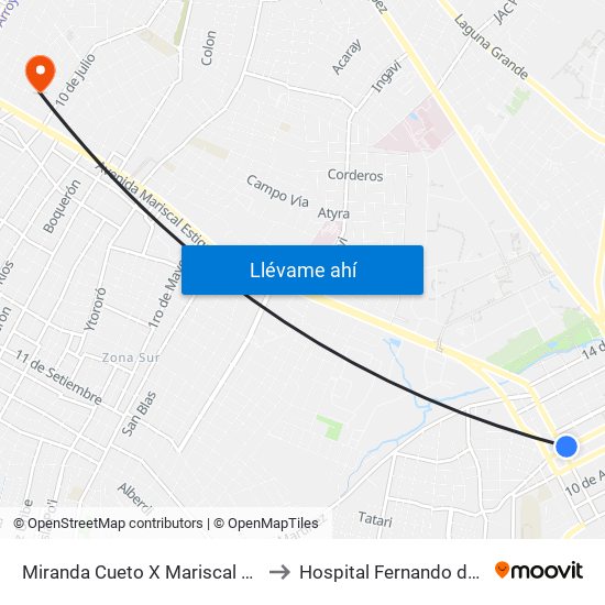 Miranda Cueto X Mariscal Estigarribia to Hospital Fernando de la Mora map