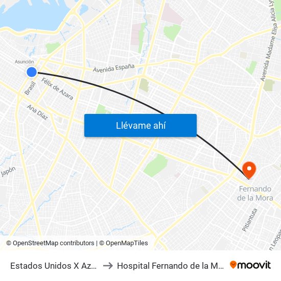 Estados Unidos X Azara to Hospital Fernando de la Mora map