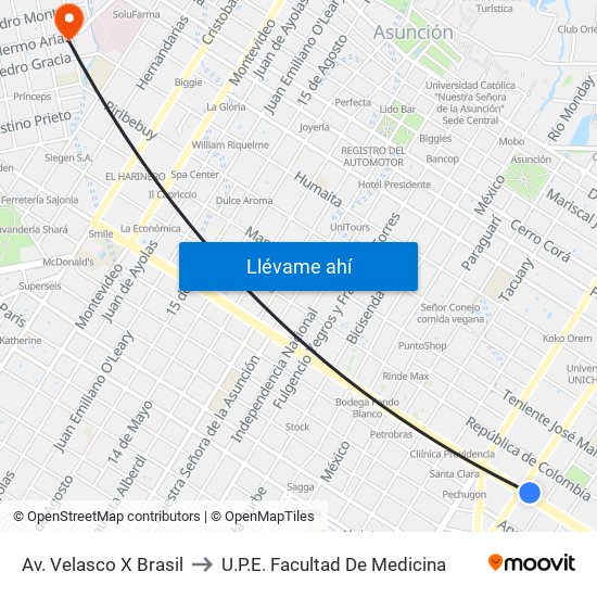 Av. Velasco X Brasil to U.P.E. Facultad De Medicina map