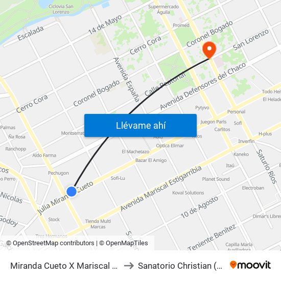 Miranda Cueto X Mariscal Estigarribia to Sanatorio Christian (Cafeteria) map