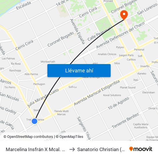 Marcelina Insfrán X Mcal. Estigarribia to Sanatorio Christian (Cafeteria) map