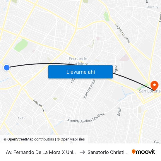 Av. Fernando De La Mora X Universitarios Del Chaco to Sanatorio Christian (Cafeteria) map