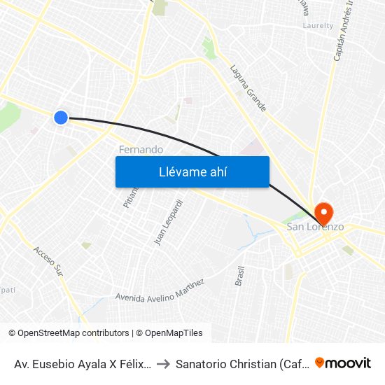 Av. Eusebio Ayala X Félix Lopéz to Sanatorio Christian (Cafeteria) map