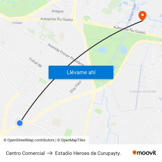 Centro Comercial to Estadio Heroes de Curupayty. map