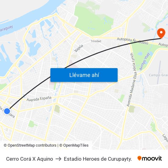 Cerro Corá X Aquino to Estadio Heroes de Curupayty. map