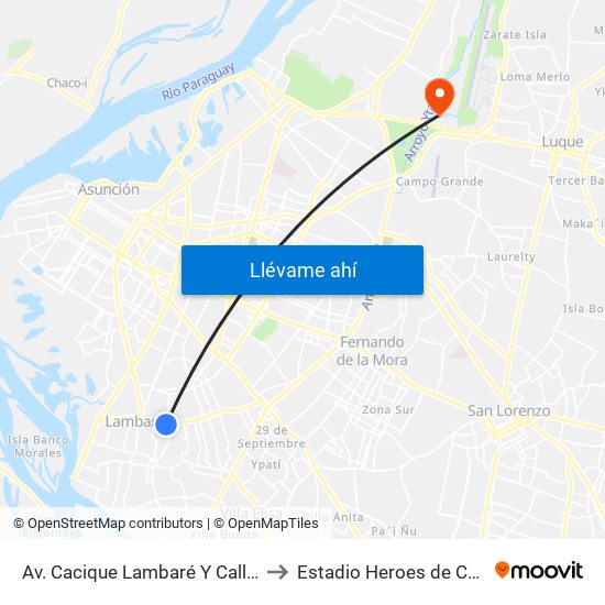 Av. Cacique Lambaré Y Calle Escobar to Estadio Heroes de Curupayty. map