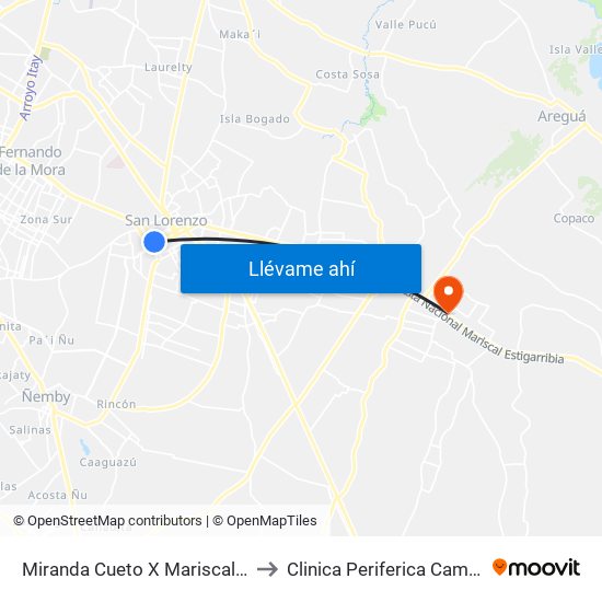 Miranda Cueto X Mariscal Estigarribia to Clinica Periferica Campo Vía -IPS map