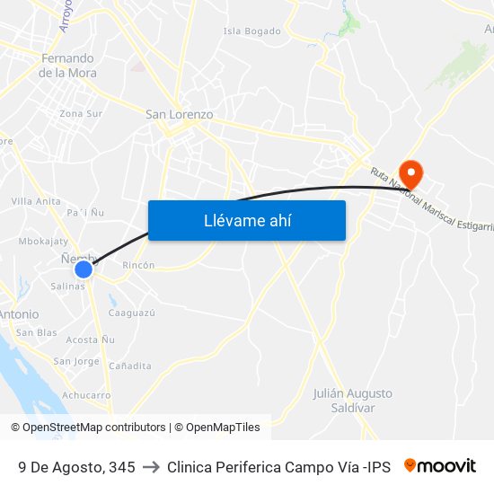 9 De Agosto, 345 to Clinica Periferica Campo Vía -IPS map