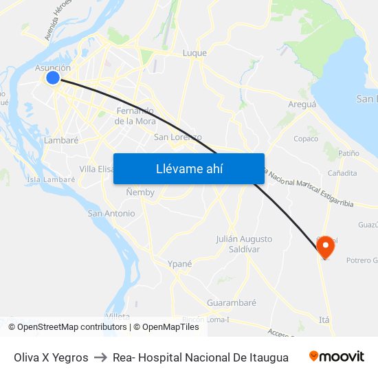 Oliva X Yegros to Rea- Hospital Nacional De Itaugua map