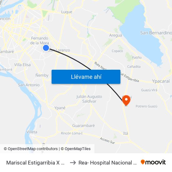 Mariscal Estigarribia X Atilio Galfre to Rea- Hospital Nacional De Itaugua map