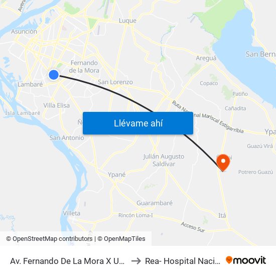Av. Fernando De La Mora X Universitarios Del Chaco to Rea- Hospital Nacional De Itaugua map