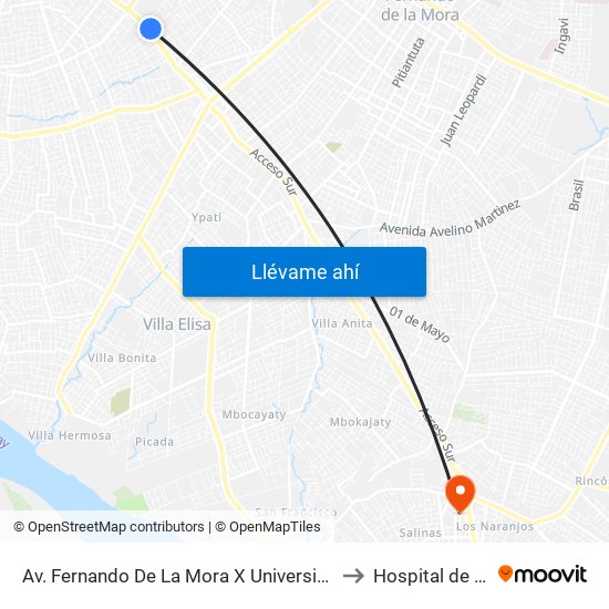 Av. Fernando De La Mora X Universitarios Del Chaco to Hospital de Ñemby map