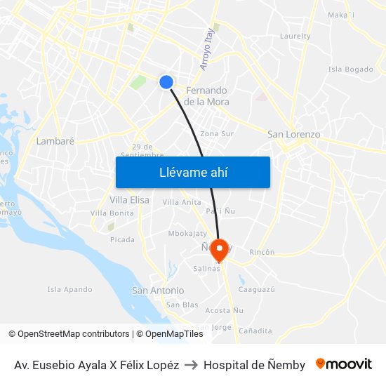 Av. Eusebio Ayala X Félix Lopéz to Hospital de Ñemby map