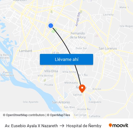 Av. Eusebio Ayala X Nazareth to Hospital de Ñemby map
