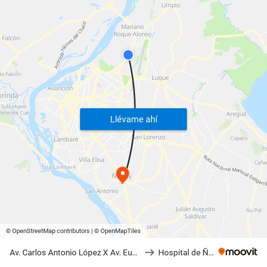 Av. Carlos Antonio López X Av. Eusebio Ayala to Hospital de Ñemby map