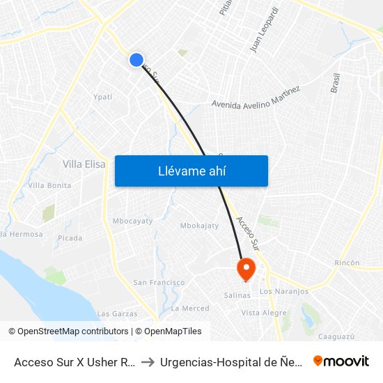 Acceso Sur X Usher Ríos to Urgencias-Hospital de Ñemby map