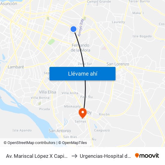 Av. Mariscal López X Capitán Bueno to Urgencias-Hospital de Ñemby map
