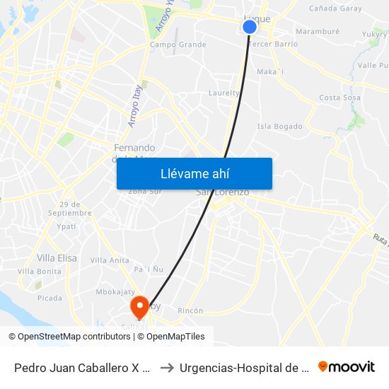 Pedro Juan Caballero X Herrera to Urgencias-Hospital de Ñemby map