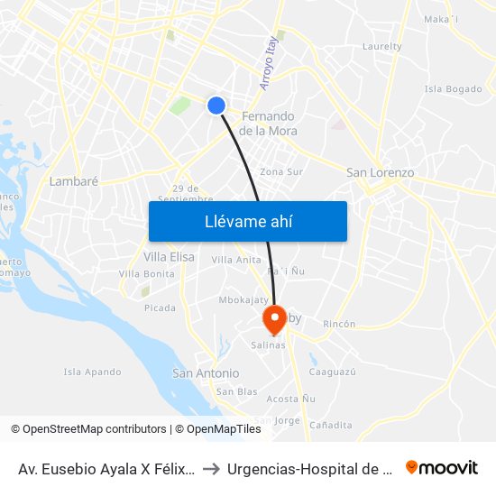 Av. Eusebio Ayala X Félix Lopéz to Urgencias-Hospital de Ñemby map