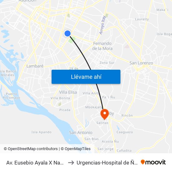 Av. Eusebio Ayala X Nazareth to Urgencias-Hospital de Ñemby map