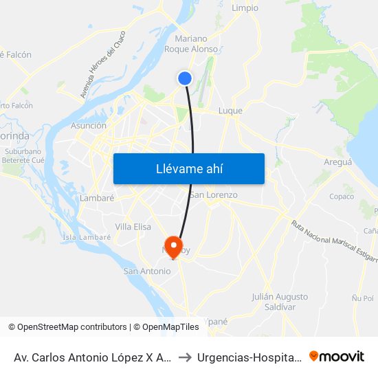 Av. Carlos Antonio López X Av. Eusebio Ayala to Urgencias-Hospital de Ñemby map