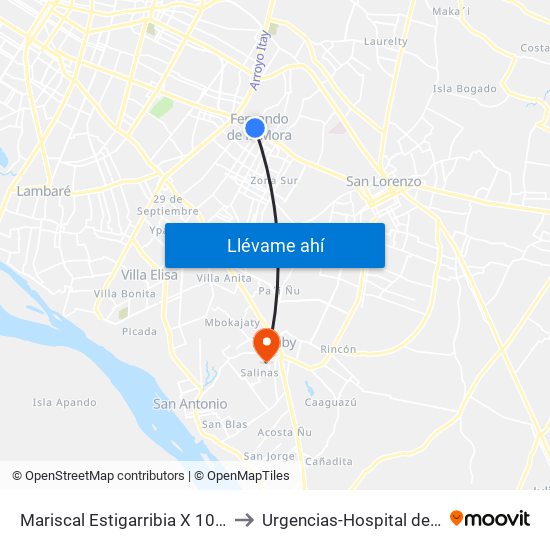 Mariscal Estigarribia X 10 De Julio to Urgencias-Hospital de Ñemby map