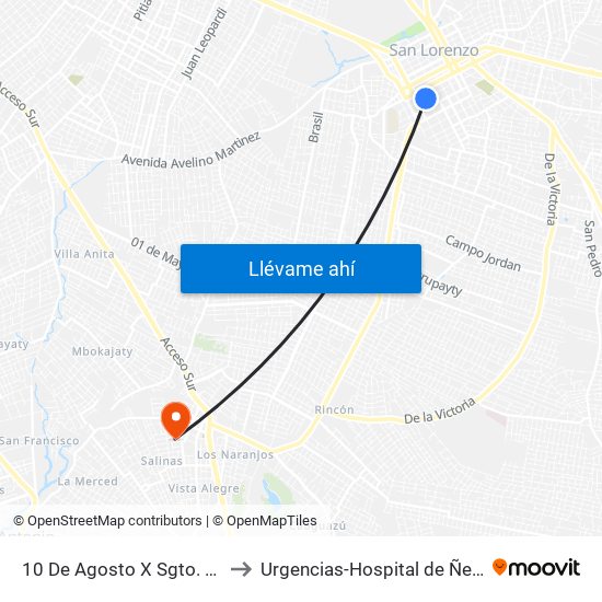 10 De Agosto X Sgto. Silva to Urgencias-Hospital de Ñemby map