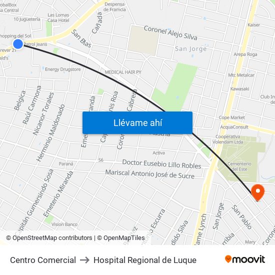 Centro Comercial to Hospital Regional de Luque map