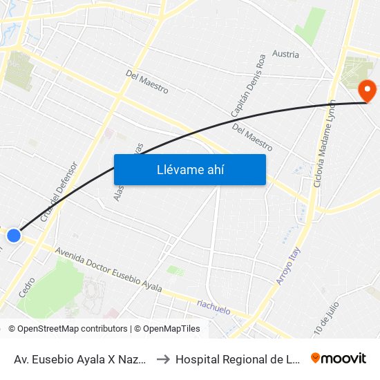 Av. Eusebio Ayala X Nazareth to Hospital Regional de Luque map