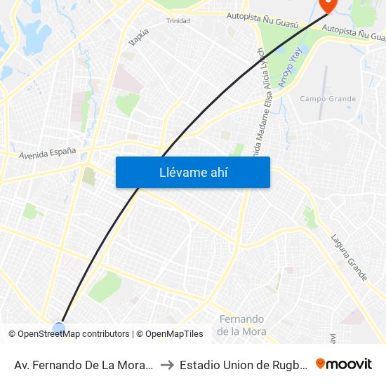 Av. Fernando De La Mora X Av. Argentina to Estadio Union de Rugby del Paraguay map