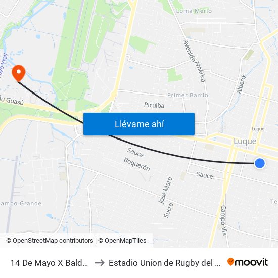 14 De Mayo X Balderrama to Estadio Union de Rugby del Paraguay map