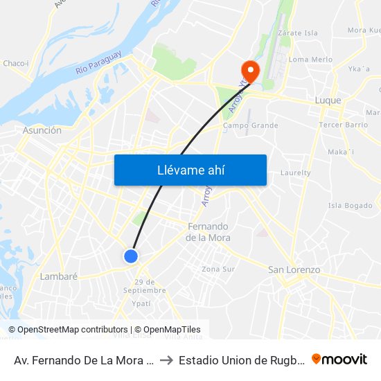 Av. Fernando De La Mora X De La Victoria to Estadio Union de Rugby del Paraguay map