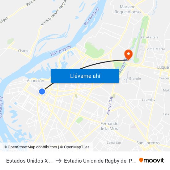 Estados Unidos X Azara to Estadio Union de Rugby del Paraguay map