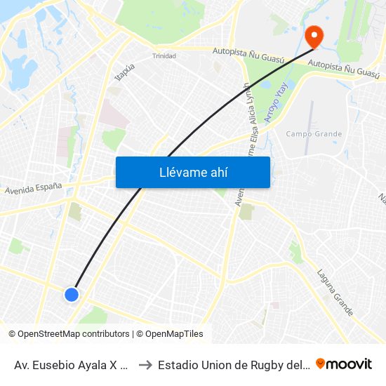 Av. Eusebio Ayala X Nazareth to Estadio Union de Rugby del Paraguay map