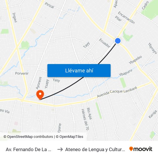 Av. Fernando De La Mora X Av. Argentina to Ateneo  de Lengua y Cultura Guarani Sede Lambaré map