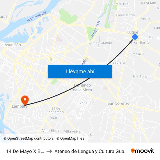 14 De Mayo X Balderrama to Ateneo  de Lengua y Cultura Guarani Sede Lambaré map
