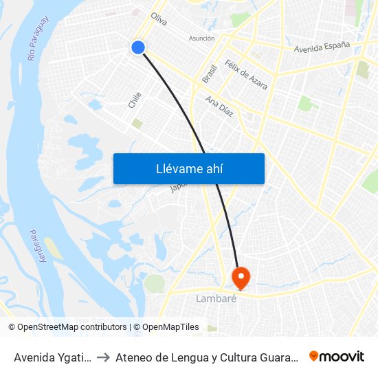 Avenida Ygatimi, 880 to Ateneo  de Lengua y Cultura Guarani Sede Lambaré map