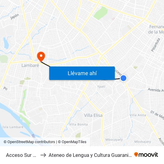 Acceso Sur X Israel to Ateneo  de Lengua y Cultura Guarani Sede Lambaré map