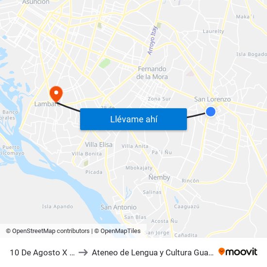 10 De Agosto X Sgto. Silva to Ateneo  de Lengua y Cultura Guarani Sede Lambaré map