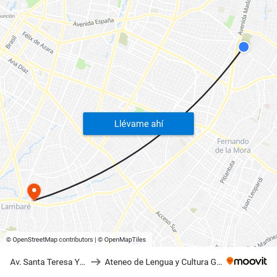 Av. Santa Teresa Y Arturo Pereira to Ateneo  de Lengua y Cultura Guarani Sede Lambaré map