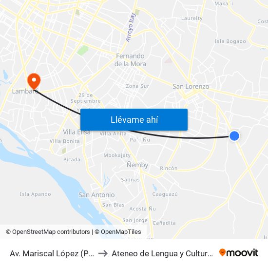 Av. Mariscal López (Parada Km. 17 (1/2)) to Ateneo  de Lengua y Cultura Guarani Sede Lambaré map