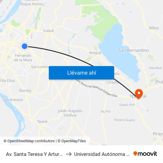 Av. Santa Teresa Y Arturo Pereira to Universidad Autónoma de Luque map