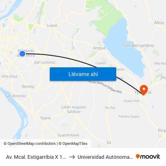 Av. Mcal. Estigarribia X 14 De Mayo to Universidad Autónoma de Luque map