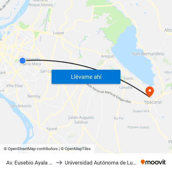 Av. Eusebio Ayala X Félix Lopéz to Universidad Autónoma de Luque - Filial Ypacarai map