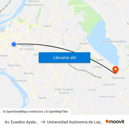 Av. Eusebio Ayala X Nazareth to Universidad Autónoma de Luque - Filial Ypacarai map