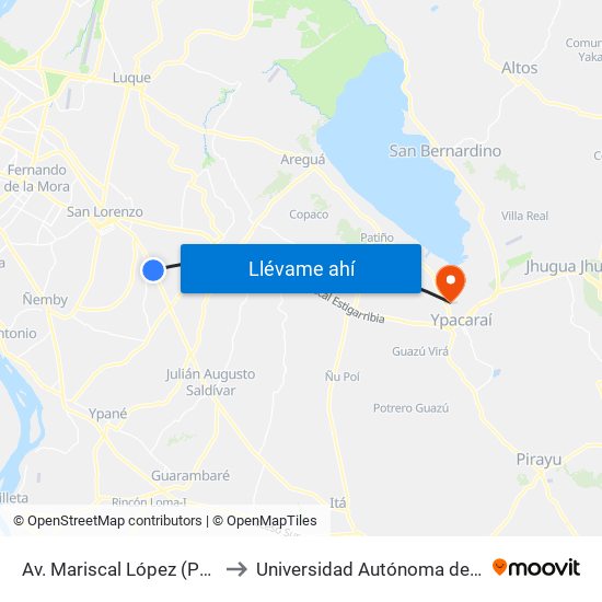 Av. Mariscal López (Parada Km. 17 (1/2)) to Universidad Autónoma de Luque - Filial Ypacarai map