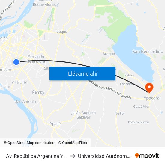 Av. República Argentina Y Av. Dr. Fernando De La Mora to Universidad Autónoma de Luque - Filial Ypacarai map