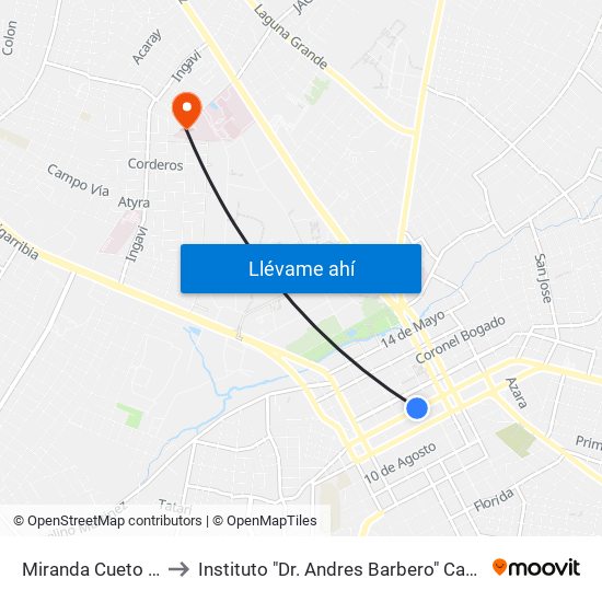 Miranda Cueto X Av. España to Instituto "Dr. Andres Barbero" Carrera de Obstetricia - UNA map